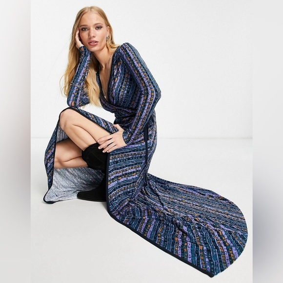 NWT $168 Free People Phoebe Wrap Long Sleeve Maxi Dress in Blue Combo (Size XS) - Picture 4 of 11